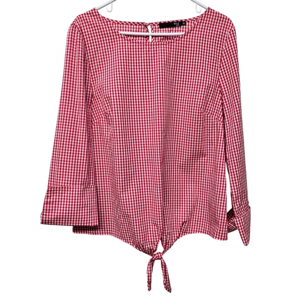 MAX Jeans Shirt Top Large Red White Gingham Check Tie-Front Blouse Americana Fun - Picture 1 of 11